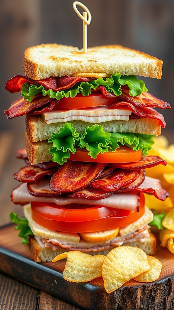 A three-tiered sandwich with bacon, lettuce, tomato, and turkey on a wooden board with chips.